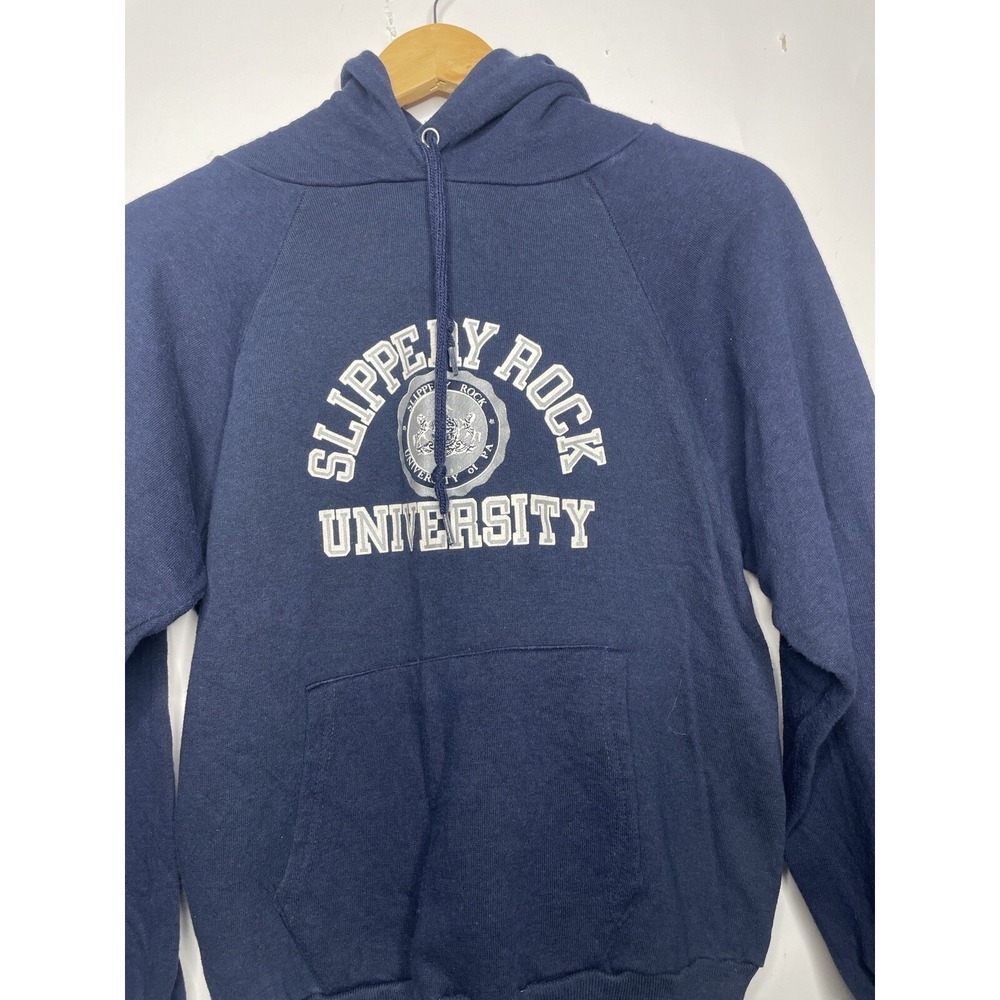 Vintage Slippery Rock University Hoodie Size Medium Blue Pullover College 80s 90 - Picture 2 of 7
